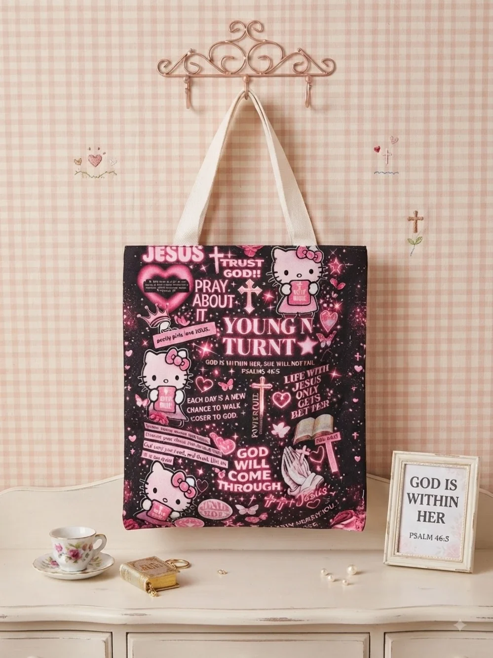 Pink & Black Graphic Tote Bag with Faith Motifs